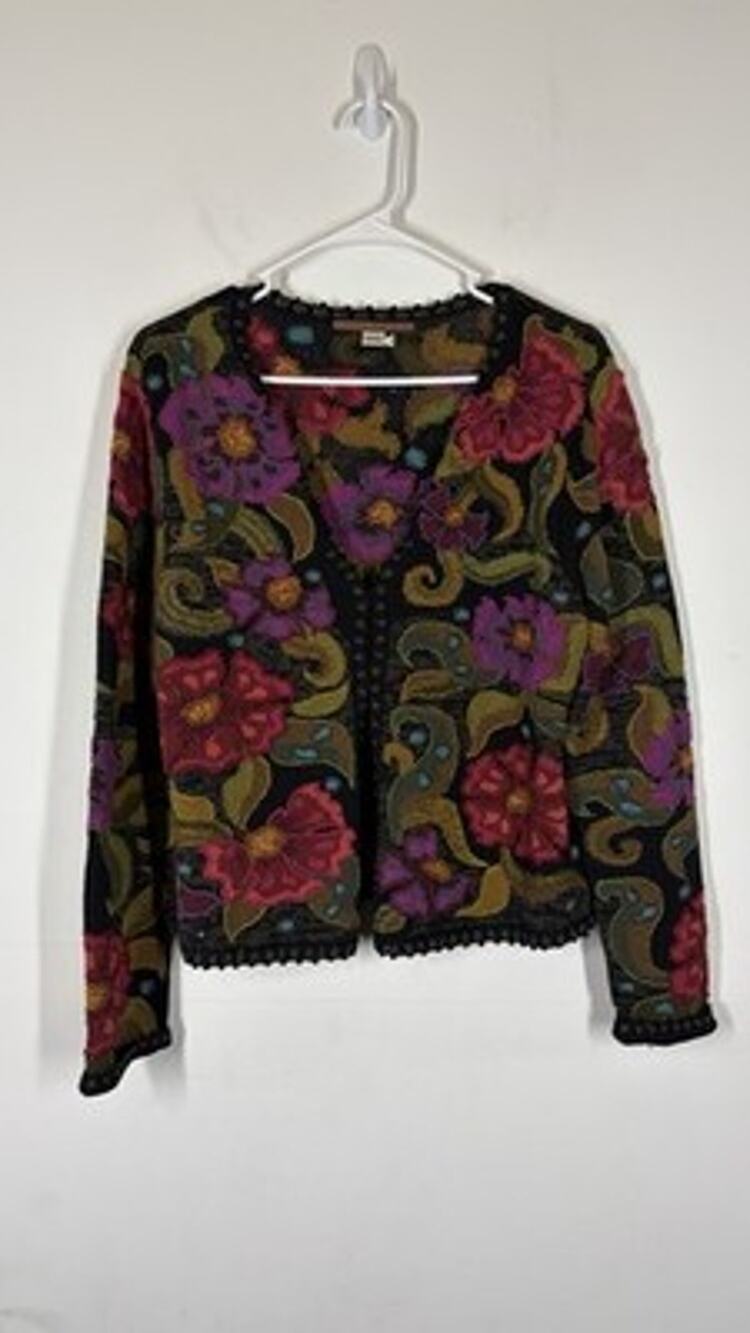 Peruvian Connection 100% Pima Cotton Floral Knit Sweater Cardigan Size Medium